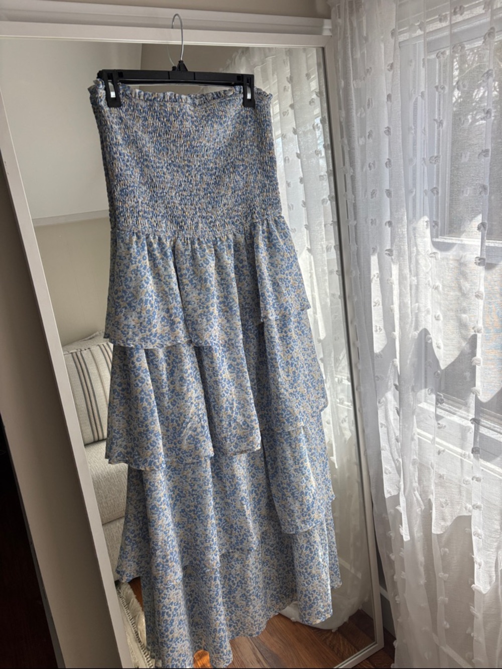 Smocked Tiered Dress in Light Blue Floral